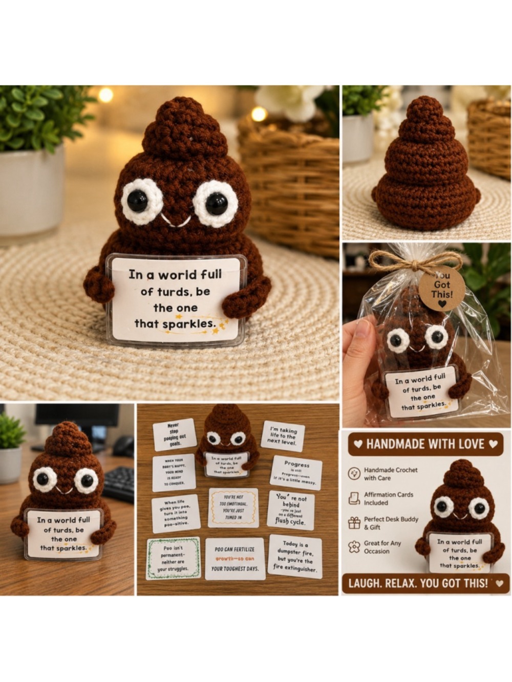 Funny Crochet Emotional Support Poop | Positive Affirmation Desk Buddy | Handmad